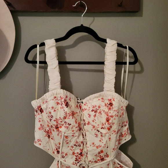 Asos Twill Corset Mini Dress With Lace Up & Pleated Skirt Floral Pink White 14 - Picture 9 of 16